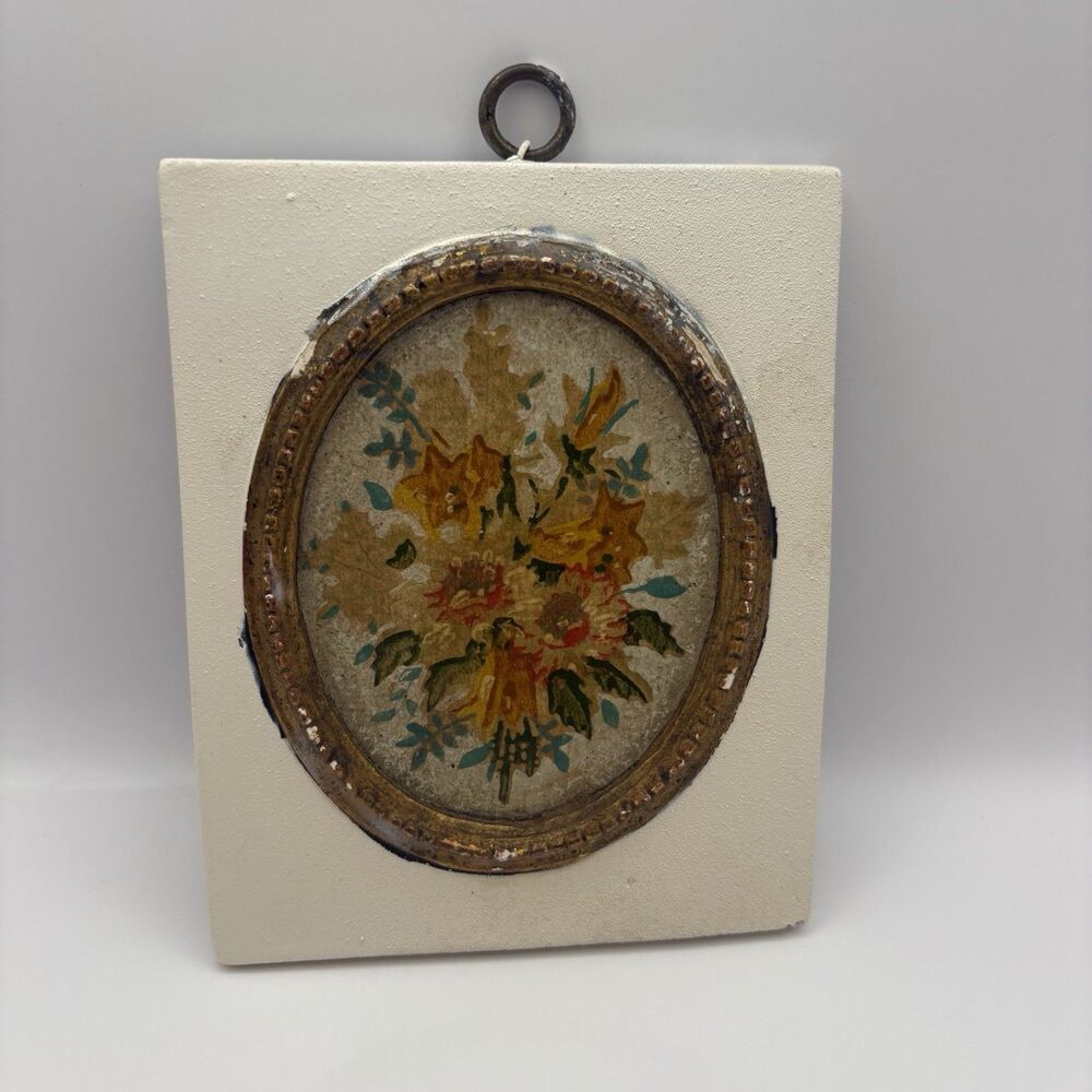Antique Borghese X Hall House NY Floral Painting Gold Frame Inset White Ceramic